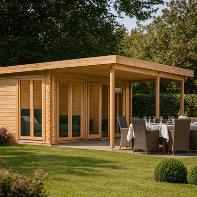 A beautiful outdoor setting showcases the GardenHouse24 USA Taunus 70 VD Garden Room with a modern flat roof, glass doors, and a covered dining area