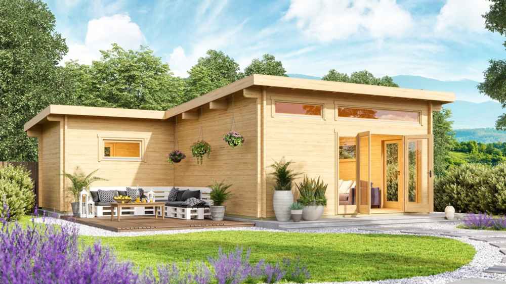 A beautifully landscaped setting with lavender and trees surrounding the GardenHouse24 USA Harbord 70 Garden Room