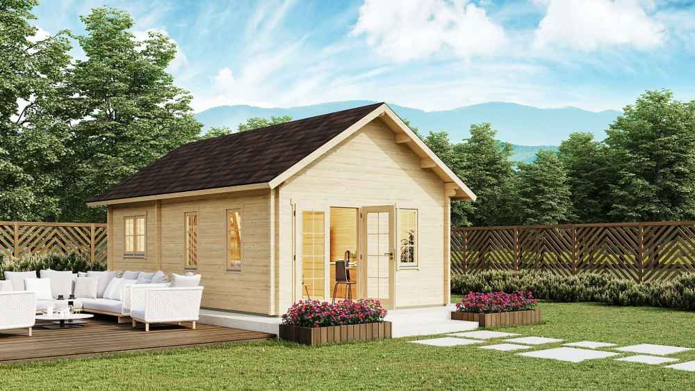 A beautifully landscaped yard surrounds the GardenHouse24 USA Farum 70 Garden Room, which features wooden fencing, flowering planters, and patio furniture
