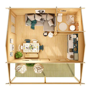 A bird’s-eye illustration reveals the inside of the GardenHouse24 USA Lerum 70 Garden Room with a dining area, sectional sofa, kitchen, and compact bathroom