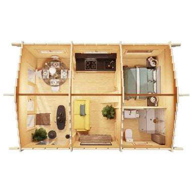 A bird's-eye view of the GardenHouse24 USA Sigrid 44 Garden Room interior shows four rooms including a kitchen, bedroom, living area, and bathroom