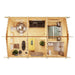A bird's-eye view of the GardenHouse24 USA Sigrid 44 Garden Room interior shows four rooms including a kitchen, bedroom, living area, and bathroom