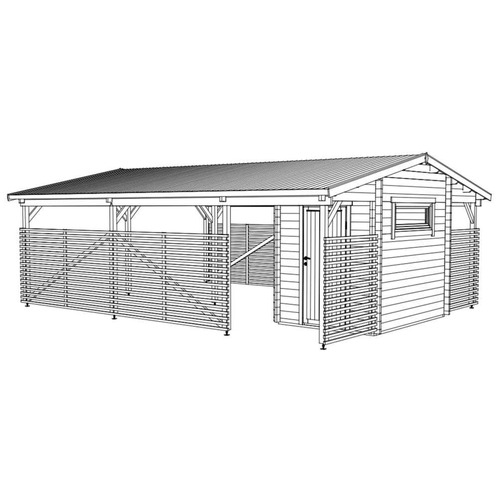 A black-and-white architectural rendering of the GardenHouse24 USA Carport Hugo 44 Garden Room shows the structural details, including the slatted fencing and gable roof