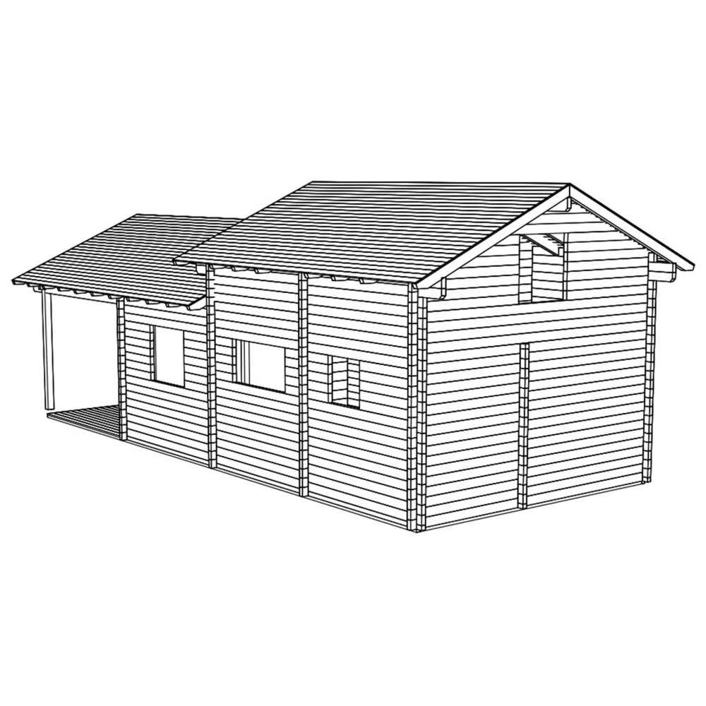A black-and-white architectural sketch shows the exterior structure of the GardenHouse24 USA Lake House 70A Garden Room, highlighting its gabled roof and window placements