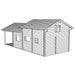 A black-and-white architectural sketch shows the exterior structure of the GardenHouse24 USA Lake House 70A Garden Room, highlighting its gabled roof and window placements