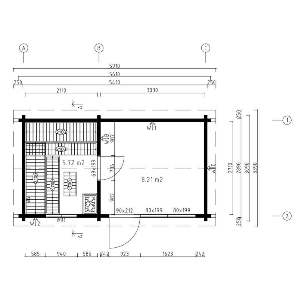A black-and-white floor plan drawing of the GardenHouse24 USA Sauna Sanna 90 Garden Room shows two sections labeled with detailed measurements and room sizes