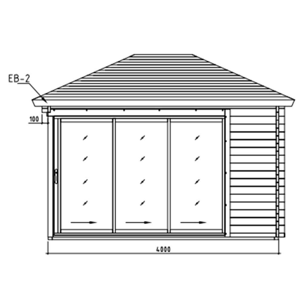A black-and-white front elevation drawing shows the 4000 mm wide sliding door wall of the GardenHouse24 USA Pavilion ALU 44B Garden Room