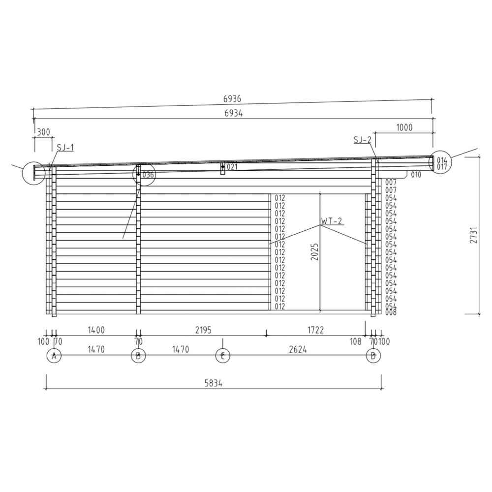 A black-and-white technical side elevation drawing of the GardenHouse24 USA Taunus 70 Garden Room shows its structural measurements and wall construction details