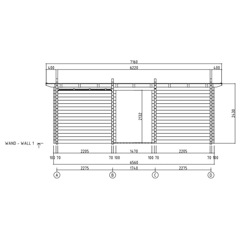 A black-and-white technical side elevation drawing showing precise wall and roof measurements of the GardenHouse24 USA Urho 70 A Garden Room