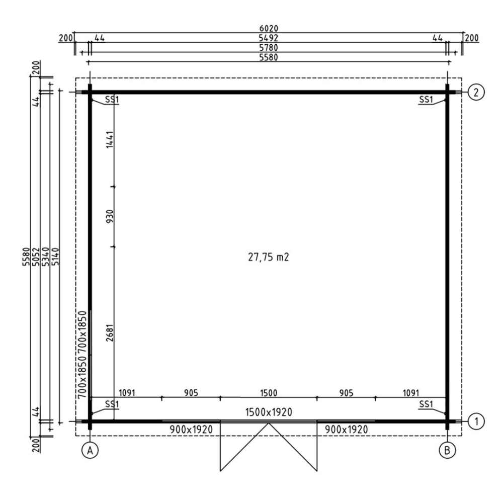 A black and white architectural floor plan shows a top-down view of the GardenHouse24 USA Davos 44B Garden Room with detailed measurements and 27.75 m² area