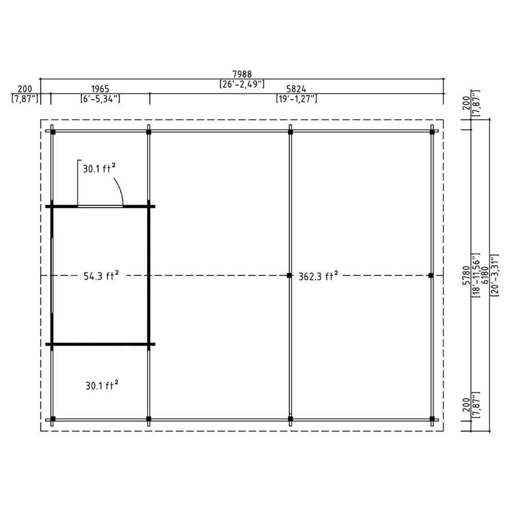 A blueprint shows the floorplan of the GardenHouse24 USA Carport Hugo 44 Garden Room, outlining separate areas for storage and dual car spaces