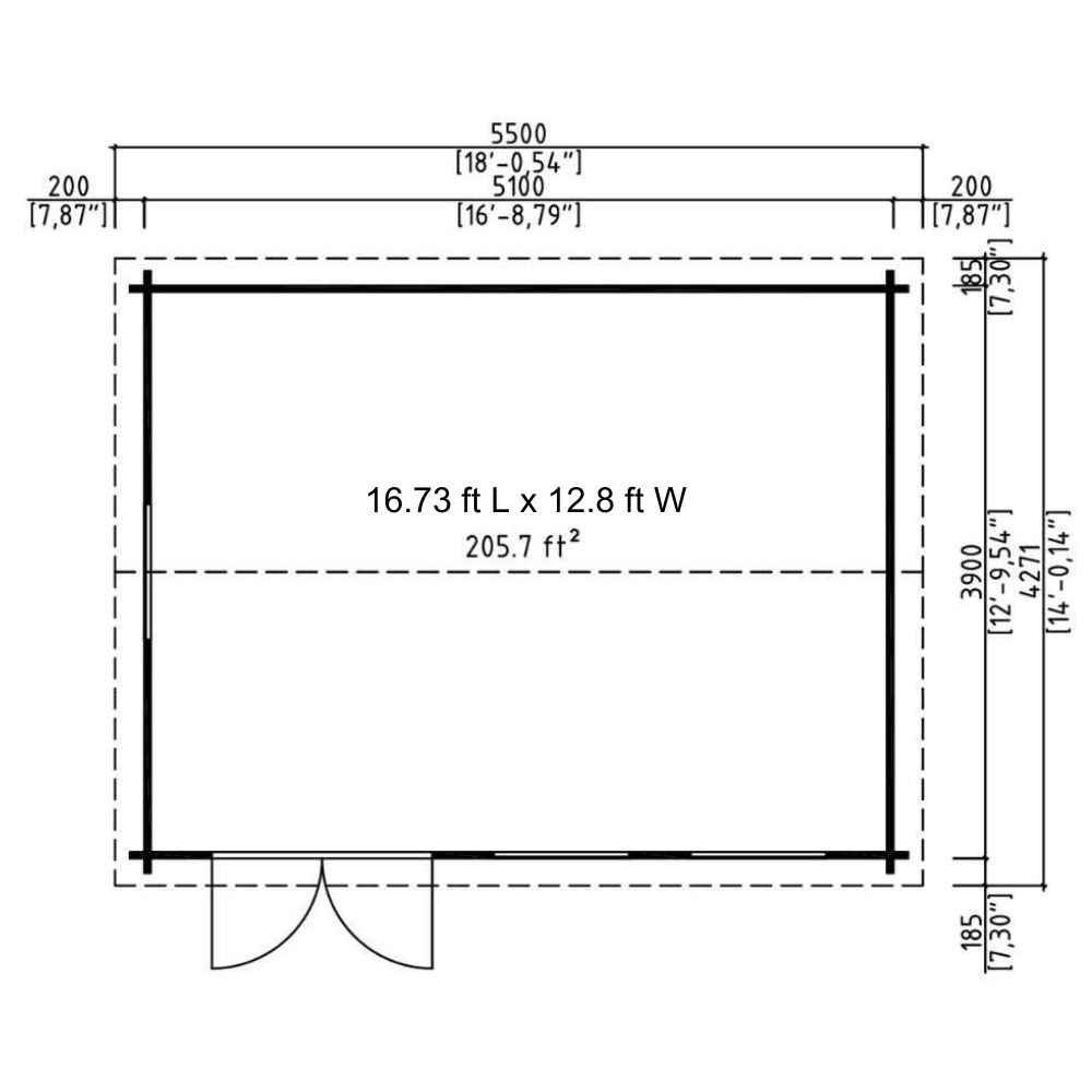A blueprint with imperial measurements shows GardenHouse24 USA Miriam 44A Classic Garden Room noting its total area as 205.7 square feet