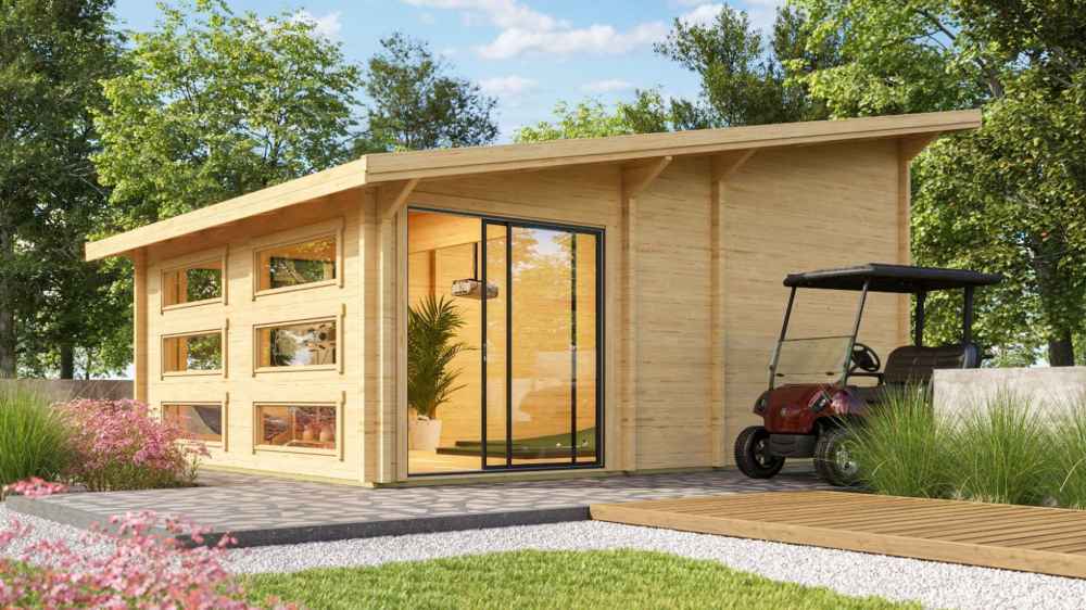 A bright and inviting exterior shot with landscaped flowers and a red golf cart in front captures the charm of the GardenHouse24 USA Caddie 44A ALU ISO Garden Room
