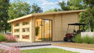 A bright and inviting exterior shot with landscaped flowers and a red golf cart in front captures the charm of the GardenHouse24 USA Caddie 44A ALU ISO Garden Room