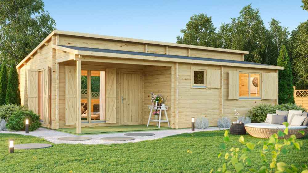 A bright and welcoming exterior photo shows the front porch, entry doors, and lush garden surrounding the GardenHouse24 USA Pamplona 70 Garden Room