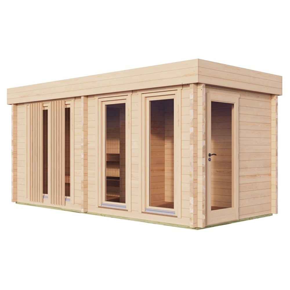 A bright angled view of the GardenHouse24 USA Sauna Giusto 70 Garden Room, showing a full glass door, three tall windows, and a wooden exterior