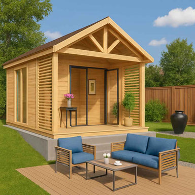 A bright day reveals the GardenHouse24 USA ALU Concept Arosa 44A Garden Room with natural wood siding, a gabled roof, and blue-cushioned outdoor furniture on a wooden deck