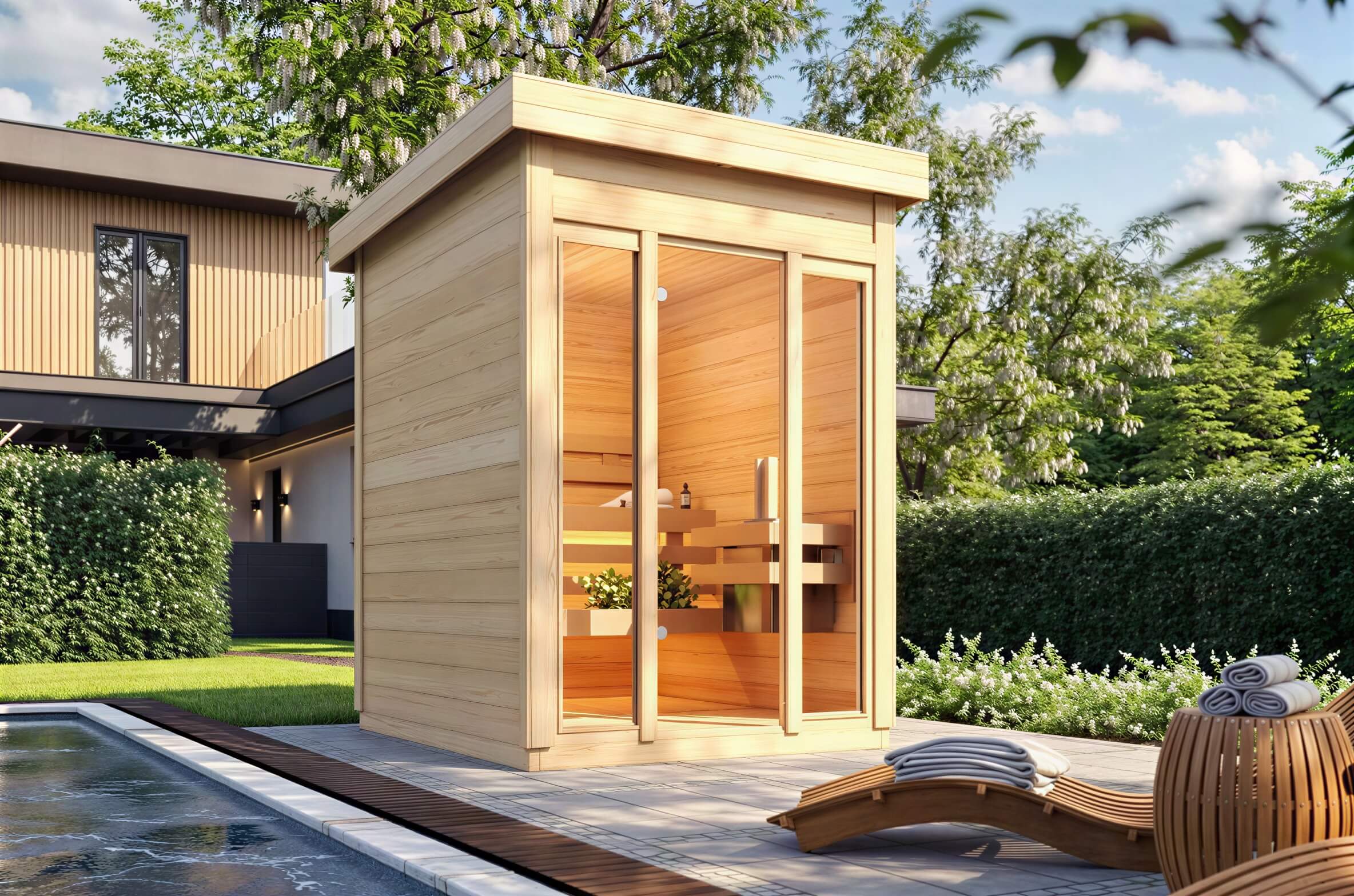 A bright outdoor setting highlights Sawmill Structures TS TwoSauna Sauna, its smooth wooden frame glowing warmly beside a calm pool and lounge area