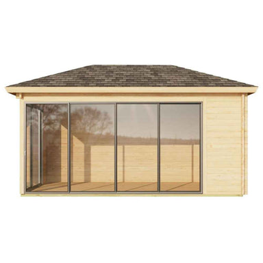 A bright side angle of the GardenHouse24 USA Pavilion ALU 44C Garden Room features full glass panel doors revealing an empty wooden interior ready to furnish