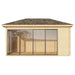A bright side angle of the GardenHouse24 USA Pavilion ALU 44C Garden Room features full glass panel doors revealing an empty wooden interior ready to furnish