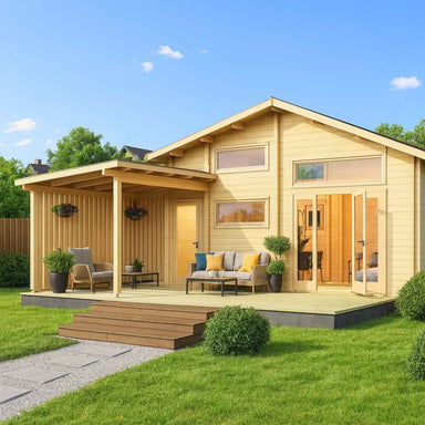 A bright wooden GardenHouse24 USA Montreal 70 Garden Room with a cozy front porch, potted plants, and outdoor seating