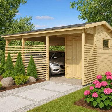 A car parked inside the GardenHouse24 USA Carport Hugo 44 Garden Room emphasizes its practical use and the inviting garden landscape surrounding it
