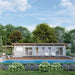 A centered front view of Sawmill Structures The Jasper Garden Suites highlights the clean lines of the suite, twin lounge chairs, a beautiful pool, and lush landscaping