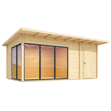 A clean 3D render of the GardenHouse24 USA Starla 44B ALU Garden Room, highlighting its natural wood texture and full-length glass façade