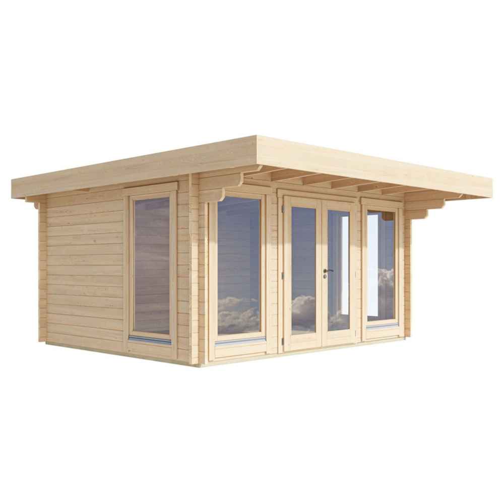 A clean architectural view of a light wooden structure with multiple tall windows and a double door showcases the GardenHouse24 USA Barbara 44A Garden Room