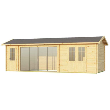 A clean front-facing image of the GardenHouse24 USA Mikelli 44 Garden Room displays all three entry points, including a wide sliding glass door in the center