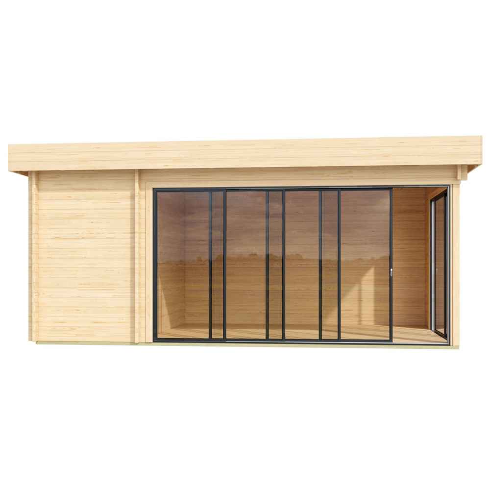 A clean, front-facing view of the GardenHouse24 USA ALU Concept 70C Garden Room, showing its full-width sliding glass doors and minimalist wood exterior