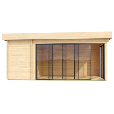 A clean, front-facing view of the GardenHouse24 USA ALU Concept 70C Garden Room, showing its full-width sliding glass doors and minimalist wood exterior