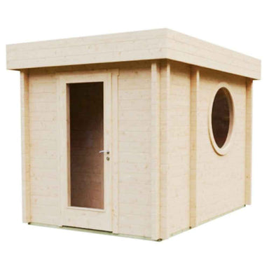 A clean frontal angle of the GardenHouse24 USA Sauna Tuuli 90 Garden Room highlighting the tall vertical door and round window on its modern wooden structure