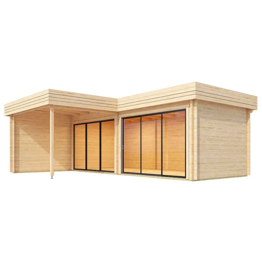 A clean, minimalistic view of the GardenHouse24 USA Lasse 44B ALU Garden Room shows its light wood finish, large sliding glass doors, and angular roof design