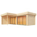 A clean, minimalistic view of the GardenHouse24 USA Lasse 44B ALU Garden Room shows its light wood finish, large sliding glass doors, and angular roof design