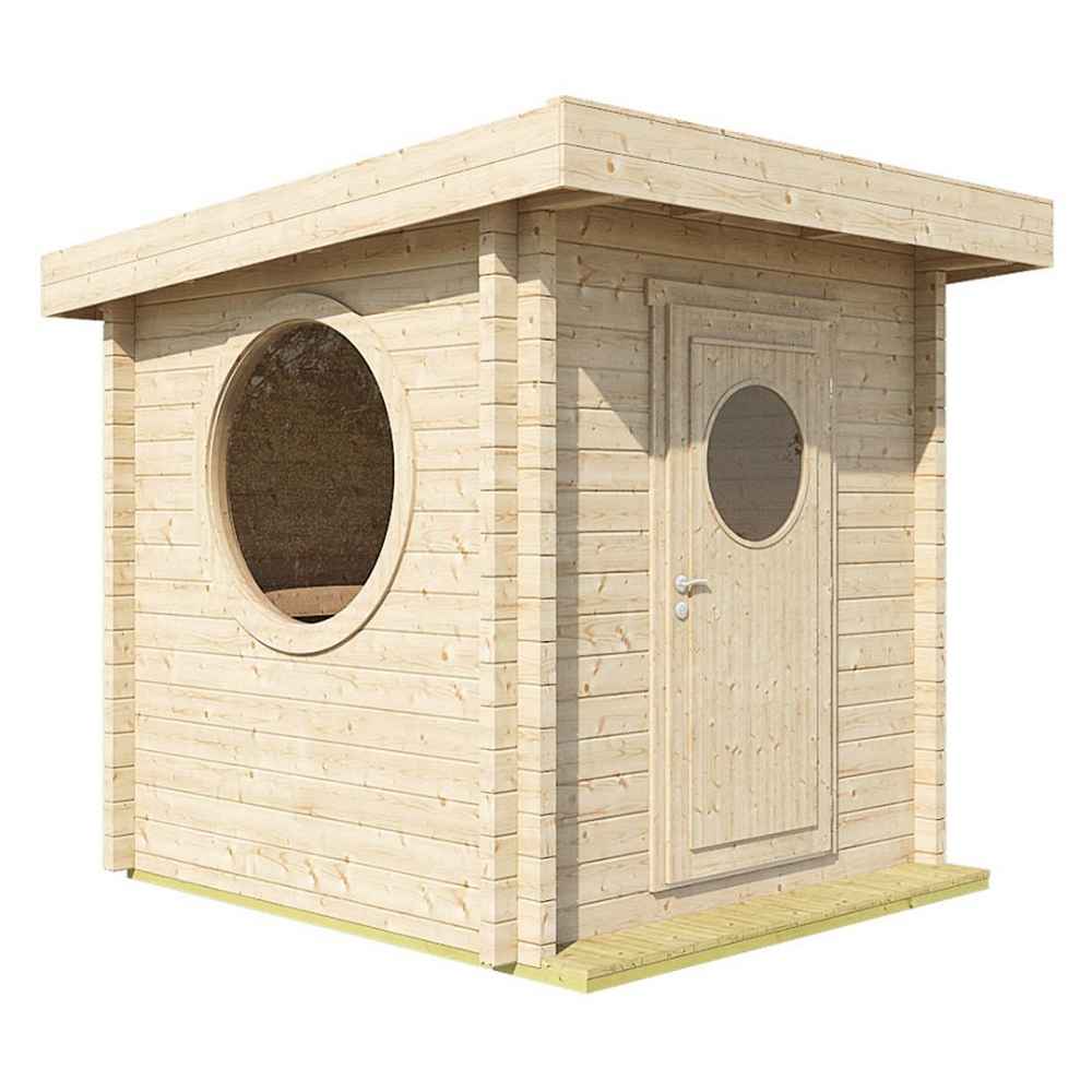 A clean product image of the GardenHouse24 USA Sauna Maria 90 Garden Room highlights its modern shape, circular window, and wooden porch step