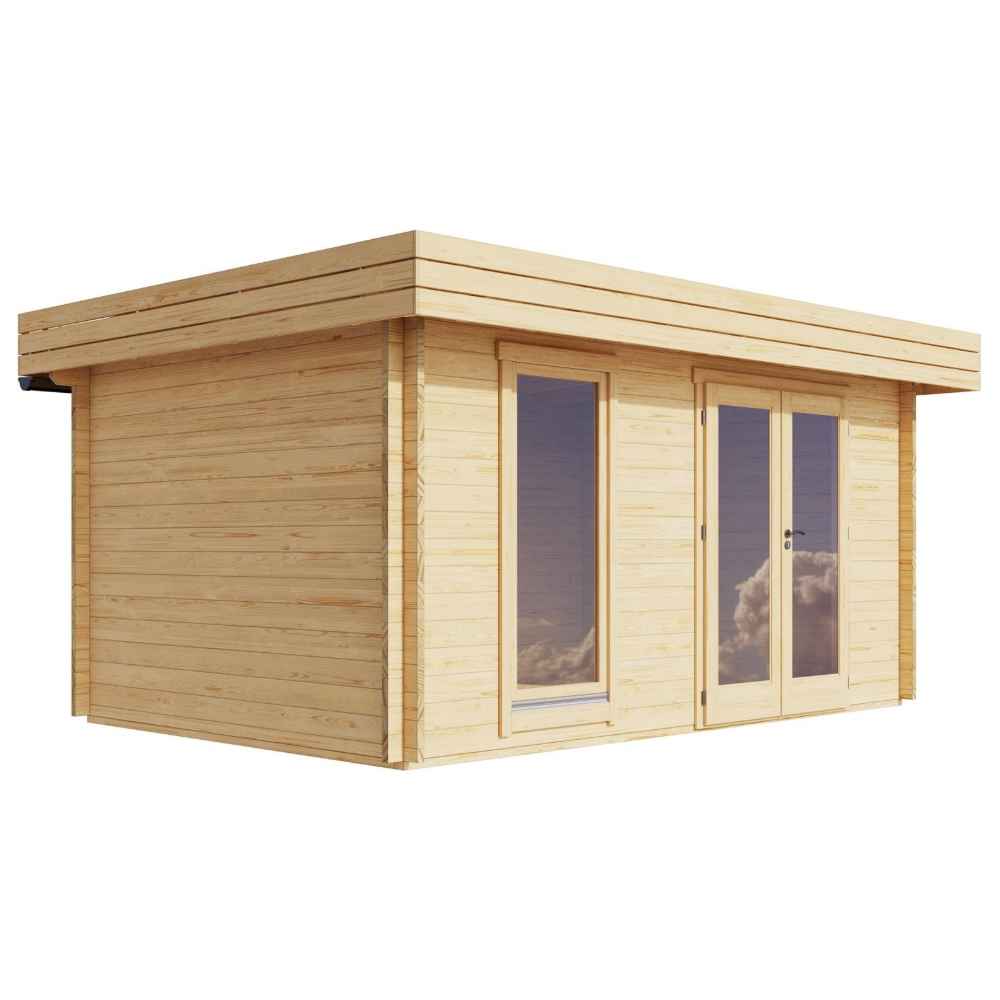 A clean studio-style image of the GardenHouse24 USA Miriam 44A Modern Garden Room featuring natural wood walls and large windows