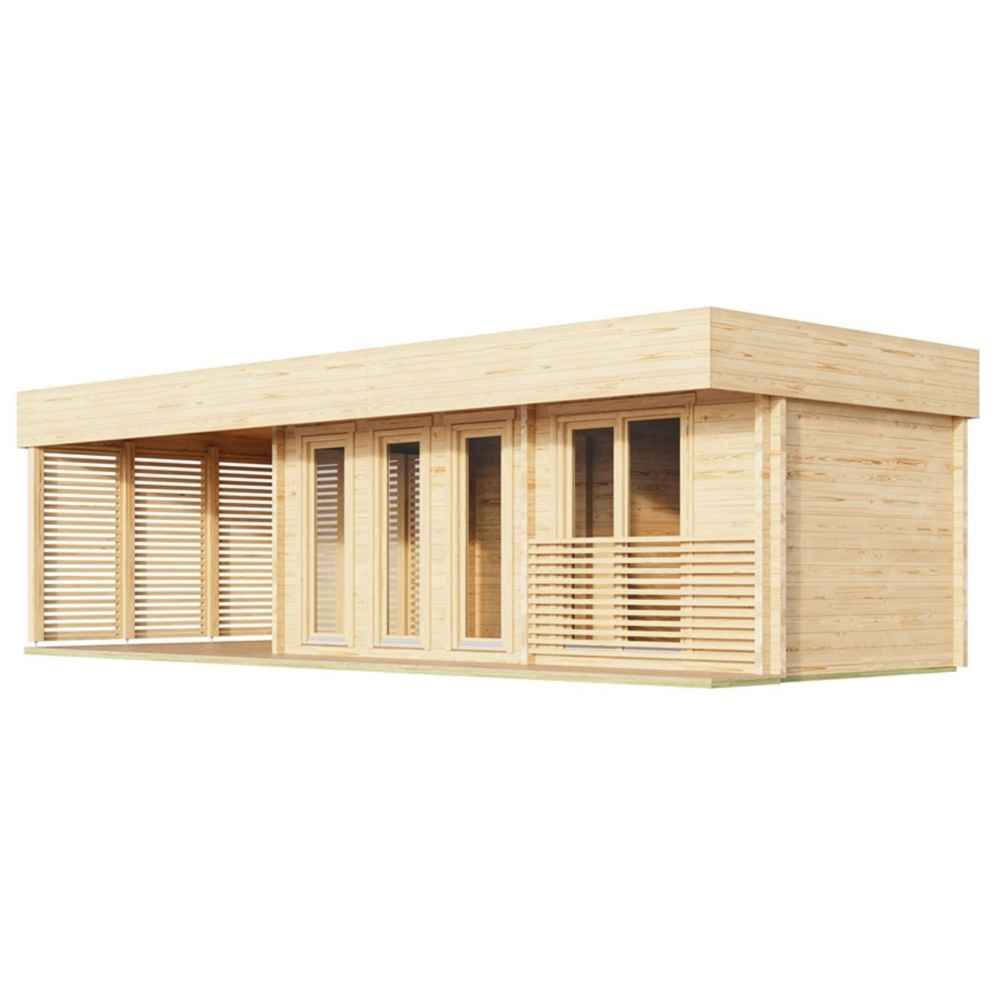 A clean, white-background view of the GardenHouse24 USA Sauna Largo 90 Garden Room showcasing its minimalist wood-panel exterior with glass doors and slatted accents