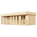 A clean, white-background view of the GardenHouse24 USA Sauna Largo 90 Garden Room showcasing its minimalist wood-panel exterior with glass doors and slatted accents