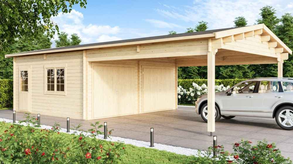 A clear daytime image of the GardenHouse24 USA Double Carport Erki 44 Garden Room featuring natural wood, windows, and a parked SUV