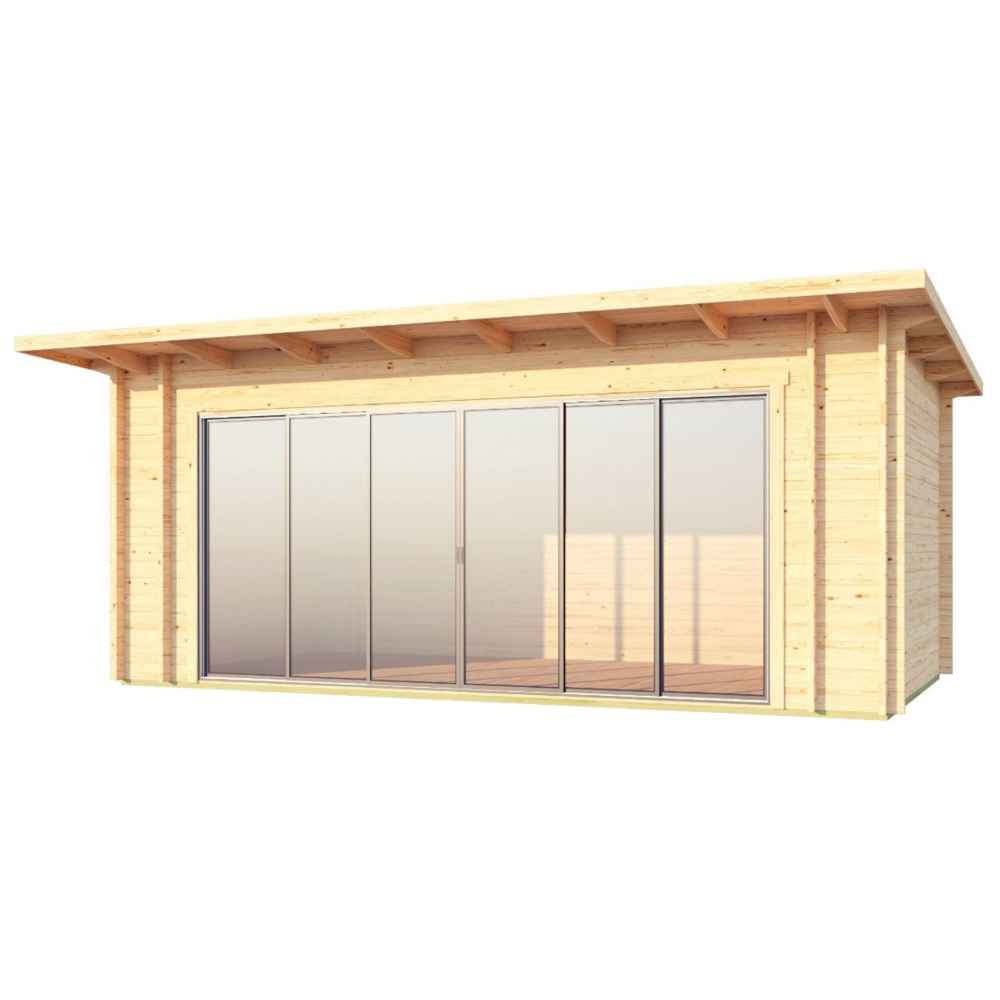 A clear front view of the GardenHouse24 USA Starla 44E ALU ISO Garden Room shows full glass panel doors across the width of the wooden structure