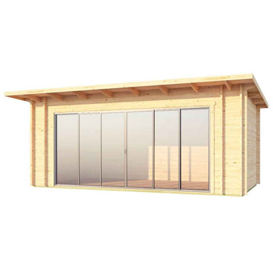 A clear front view of the GardenHouse24 USA Starla 44E ALU ISO Garden Room shows full glass panel doors across the width of the wooden structure