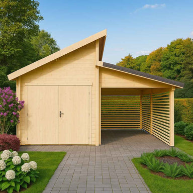A clear garden view captures the front entry and open carport of the GardenHouse24 USA Garage Morten 44A Garden Room