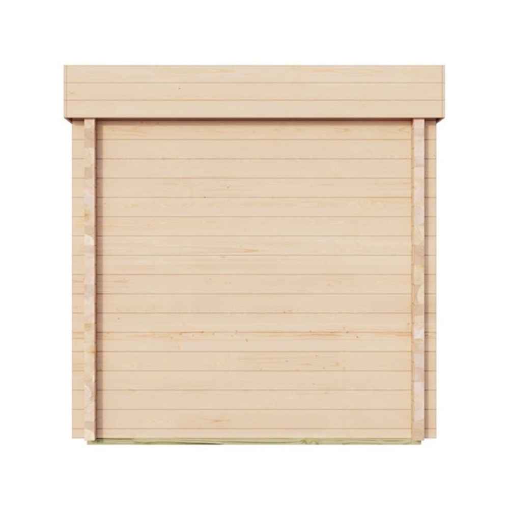 A close-up of the solid wood rear wall of the GardenHouse24 USA Sauna Giusto 70 Garden Room