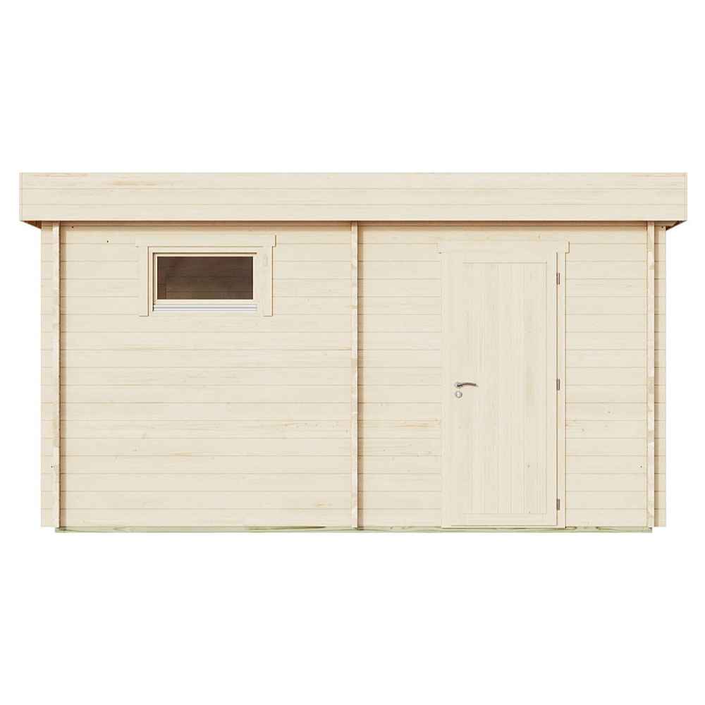 A close-up side view of the GardenHouse24 USA Sauna St.Moritz 70 Garden Room highlights a single door and window set into its wooden facade