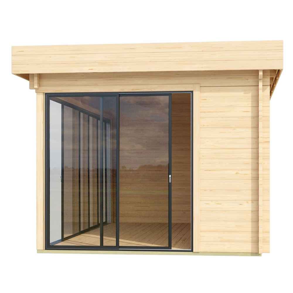 A close-up view of the sliding side door on the GardenHouse24 USA ALU Concept 70C Garden Room reveals its clean, modern lines and full-height glass panels
