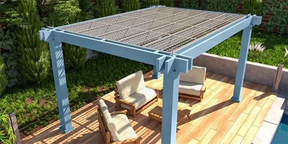 A close-up view of the top of a Structureworks Reverie Fiberglass Pergola highlights its grid-patterned shade roof