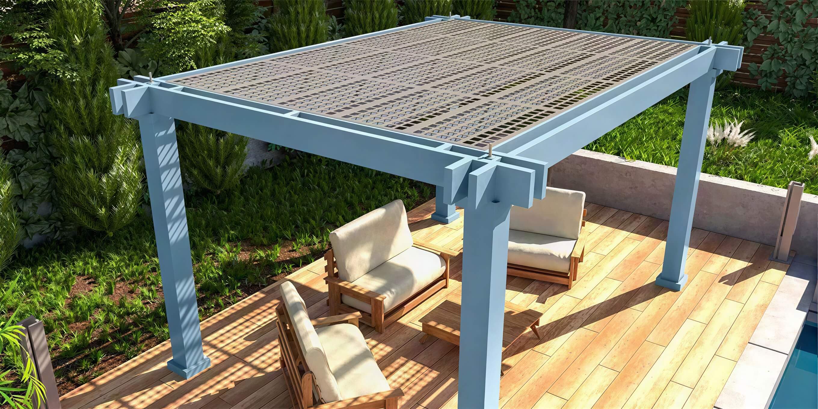 A close-up view of the top of a Structureworks Reverie Fiberglass Pergola highlights its grid-patterned shade roof