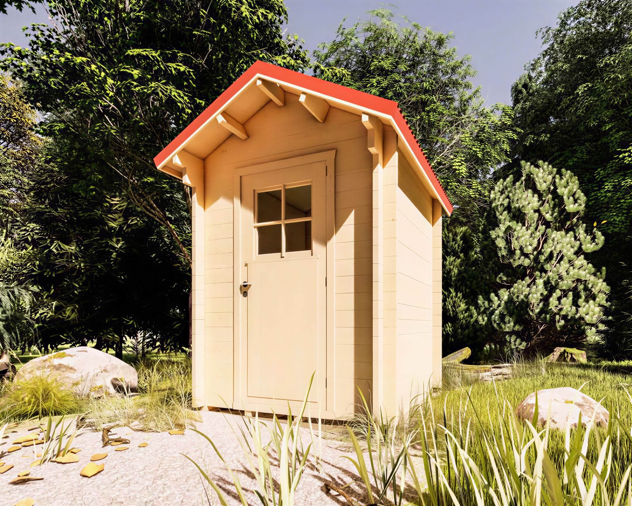 A closed-door view of a compact, light-toned garden shed with red roofing nestled in a green landscape, showcasing the Sawmill Structures The Wee Wee House 33 Garden Room