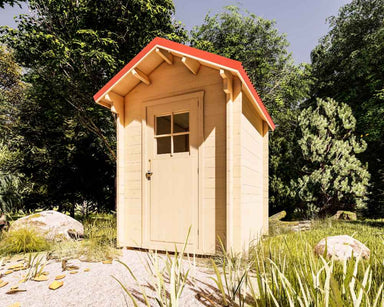 A closed-door view of a compact, light-toned garden shed with red roofing nestled in a green landscape, showcasing the Sawmill Structures The Wee Wee House 33 Garden Room